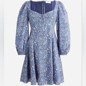 J. Crew Mini Dress 14 Liberty Bourton Bloom Sweetheart Puff Sleeve Milkmaid Blue